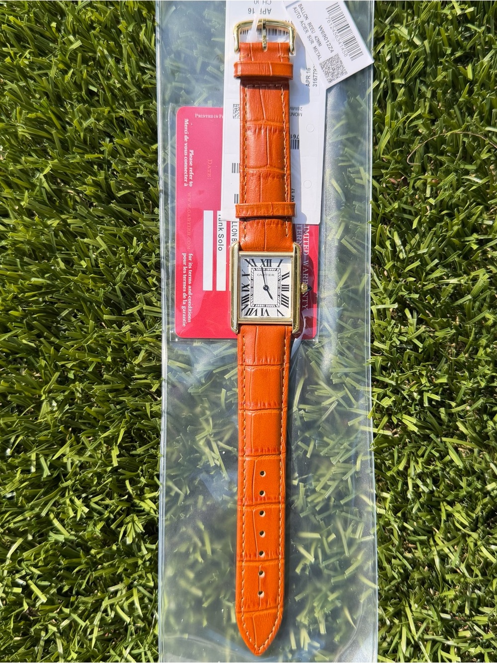 Cartier Tan Leather Strap Tank Watch with Gold Case